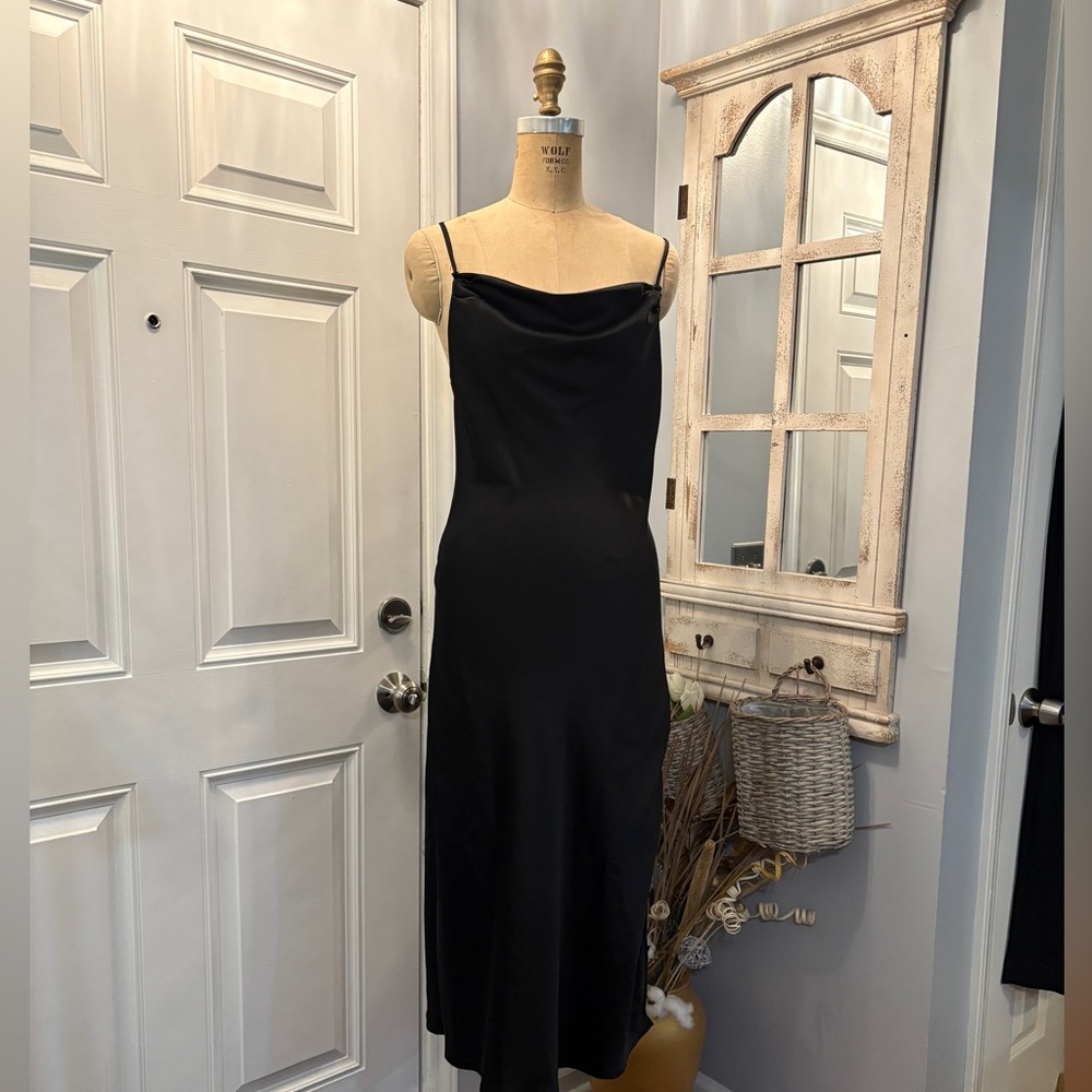 Elegant Black Cowl Neck‎ Whimsigoth Slip Maxi Dress Size Small Satin Look